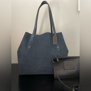 ** SOLD COACH Reversible Large Market Tote Dark Teal Suede/ Black Leather, Pouch